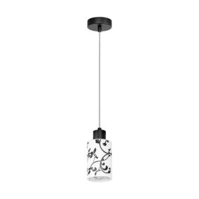 Lampa Wisząca SPOT Light  1xE27 60W Połączenie Czerni z Biało Czarnym Kloszem w Kwiaty, Polski Producent, 1 szt.