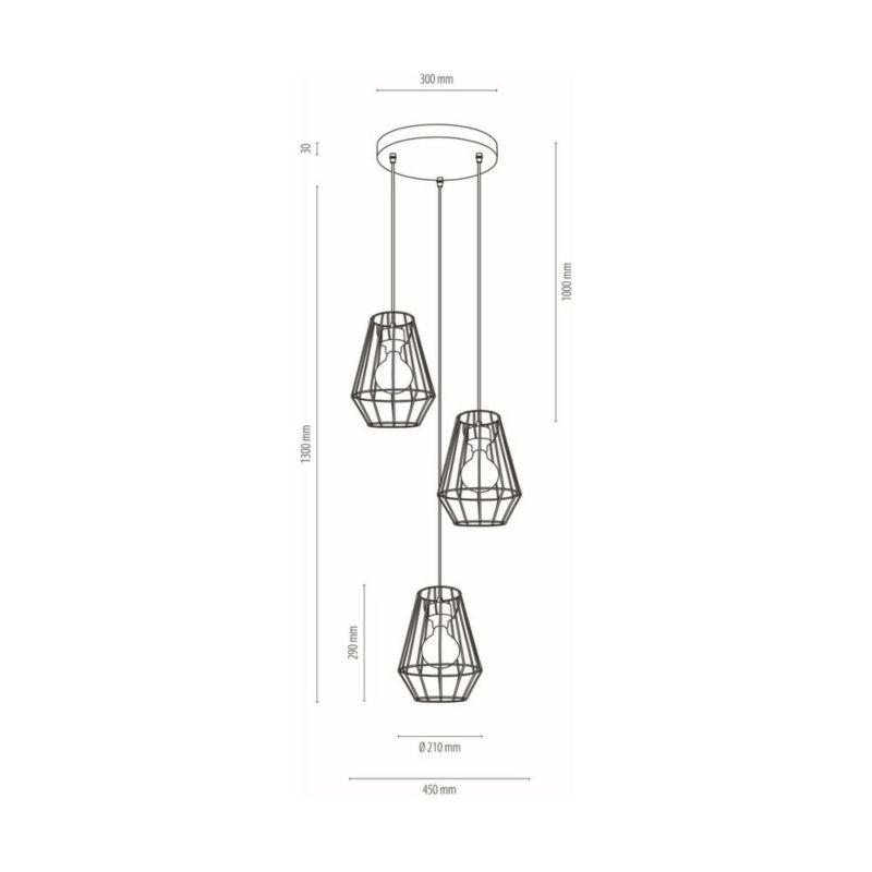 Lampa Wisząca SPOT Light 3xE27 Max.60W Subtelne Połączenie Czerni z Czarnymi Kloszami, Polski Producent, 1 szt.