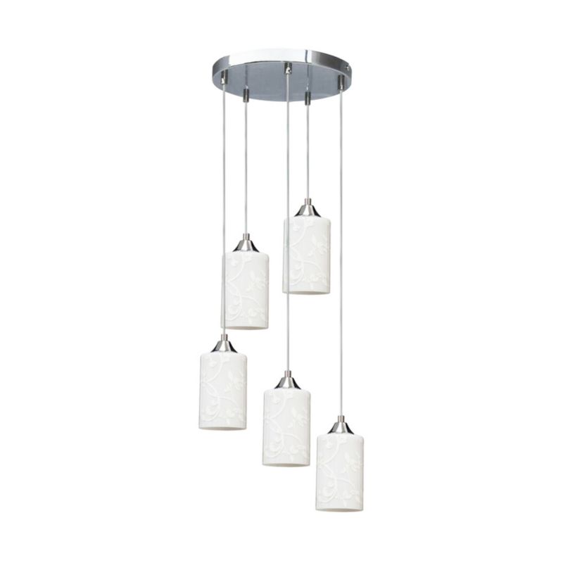 Lampa Wisząca SPOT Light  5xE27 Max.60W Połączenie Chromu z Białym Szkłem w Kwiaty, Polski Producent, 1szt.