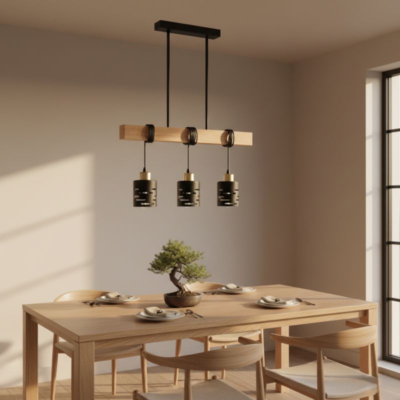 Lampa wisząca sufitowa MasterLED Elen 3x E27 LED żyrandol regulowana czarna złota z drewnem 1 szt.