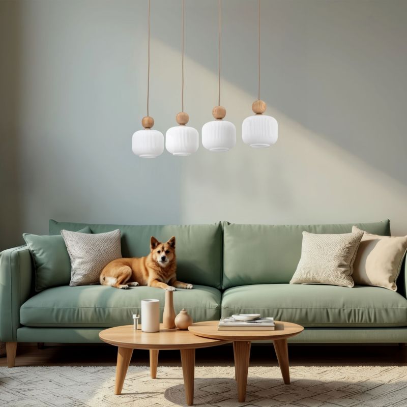 Lampa Wisząca Tk-Lighting belka Ballo drewno klosz biały ryflowany 4Xe14 - 1szt.
