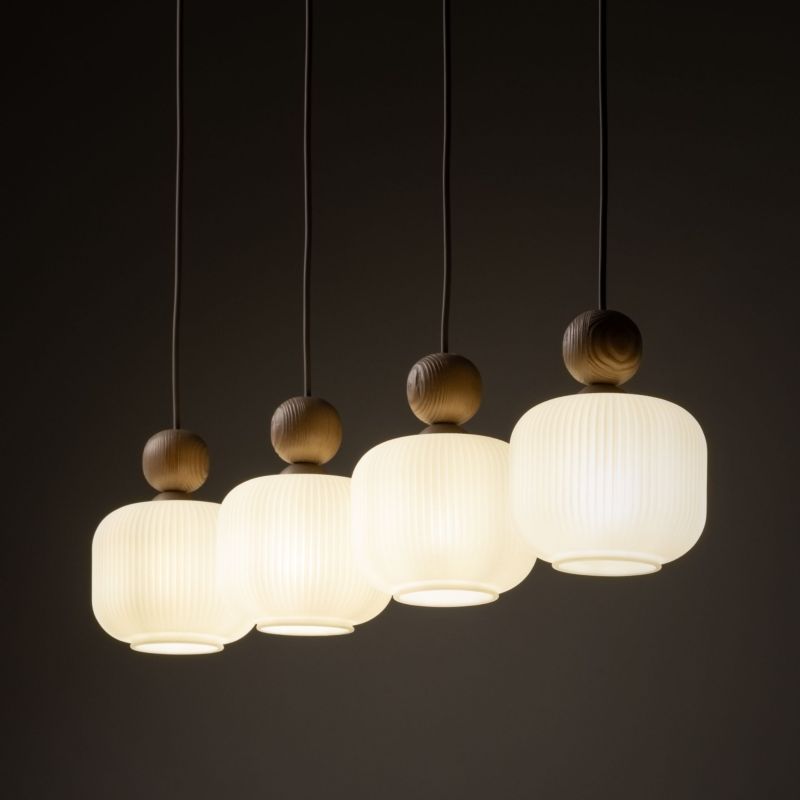 Lampa Wisząca Tk-Lighting belka Ballo drewno klosz biały ryflowany 4Xe14 - 1szt.