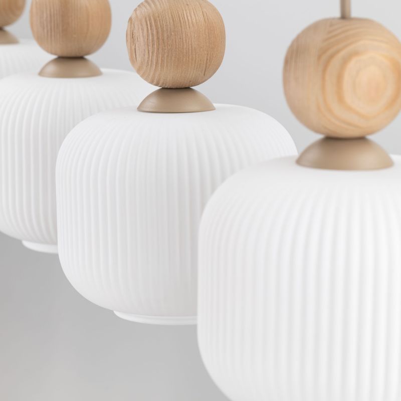 Lampa Wisząca Tk-Lighting belka Ballo drewno klosz biały ryflowany 4Xe14 - 1szt.
