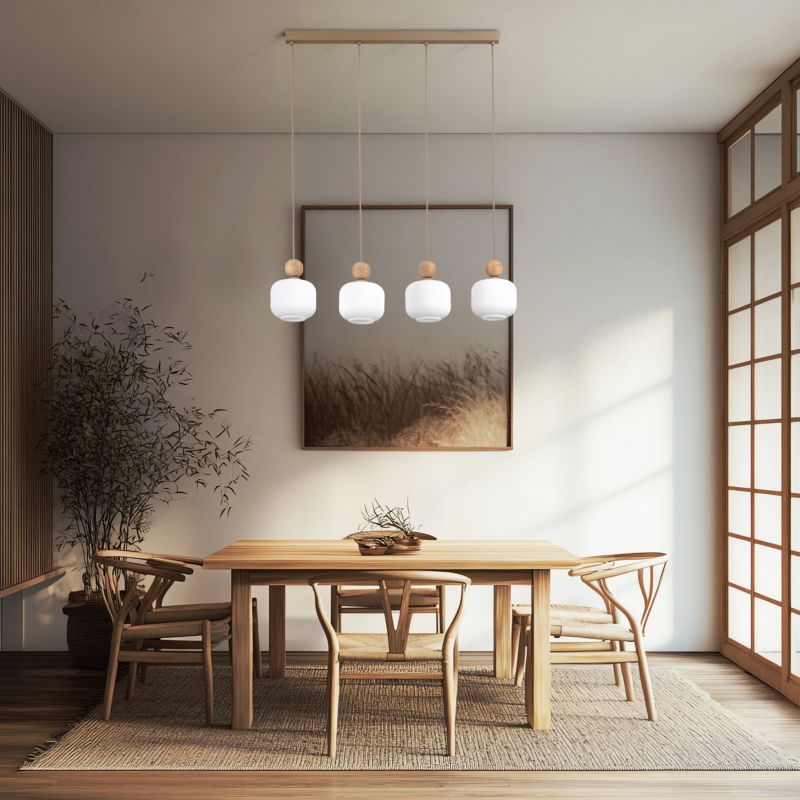 Lampa Wisząca Tk-Lighting belka Ballo drewno klosz biały ryflowany 4Xe14 - 1szt.