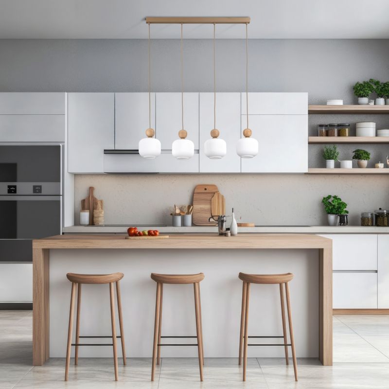 Lampa Wisząca Tk-Lighting belka Ballo drewno klosz biały ryflowany 4Xe14 - 1szt.