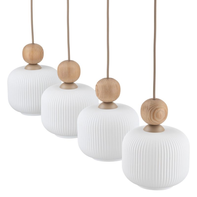 Lampa Wisząca Tk-Lighting belka Ballo drewno klosz biały ryflowany 4Xe14 - 1szt.