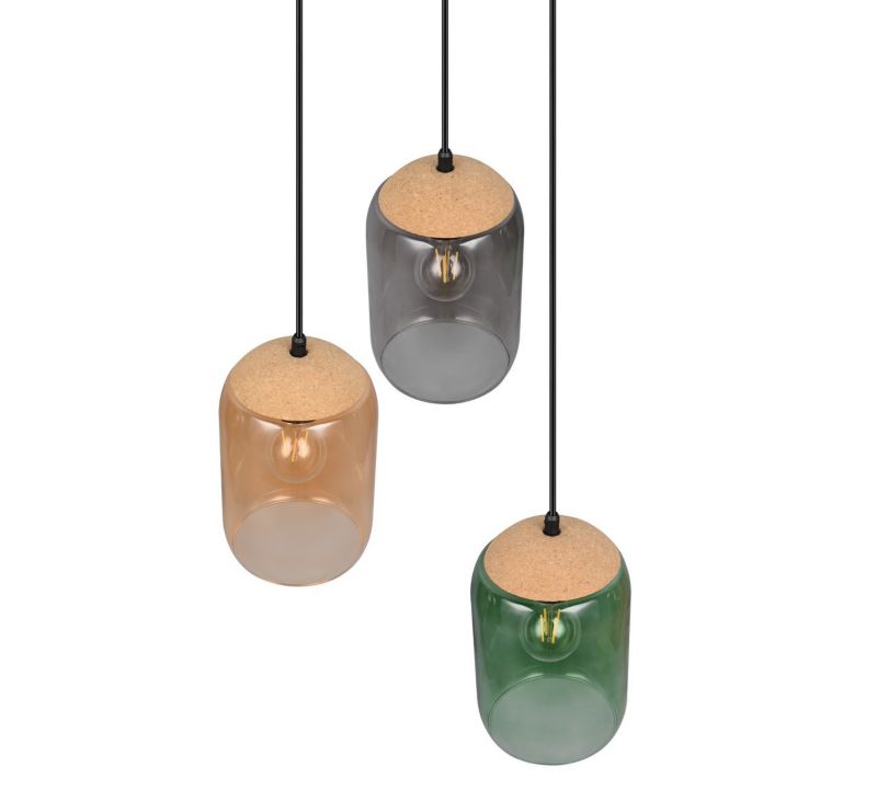 Lampa wisząca Trio Cork czarna-dymiona-bursztynowy-zielona wym: 150 x 30 x 30 cm 3xE27 x  1 szt.