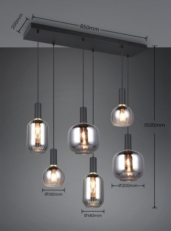 Lampa wisząca Trio Diva czarna-dymiona-chromowana wym: 150 x 92 x 35 cm 6xE27 x  1 szt.