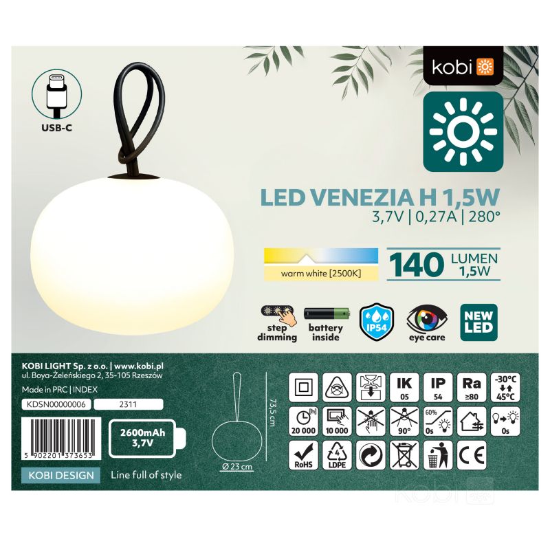 Lampa wisząca zewnętrzna nowoczesna kulista akumulatorowa USB-C biała LED 1.5W 2500K VENEZIA Kobi 1 szt.