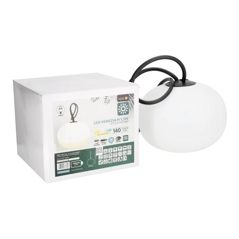 Lampa wisząca zewnętrzna nowoczesna kulista akumulatorowa USB-C biała LED 1.5W 2500K VENEZIA Kobi 1 szt.