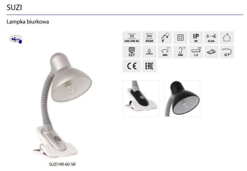 Lampka biurkowa Kanlux Suzi biało-różowa  1 x E27 x 40W IP20 wym: 23 x 12 x 14 cm metal - 1 szt.