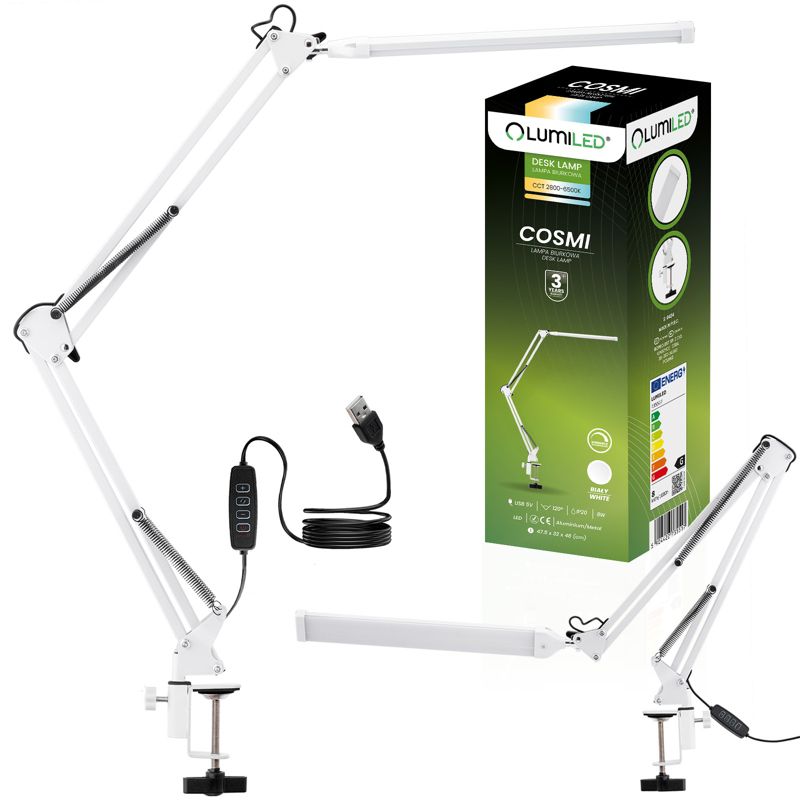 Lampka Biurkowa LED Lumiled Kreślarska Stołowa LED 8W CCT USB Ściemnialna Biała z Uchwytem na Blat 1 szt.