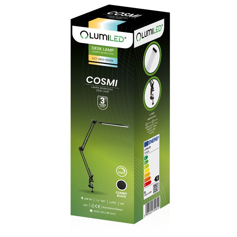 Lampka Biurkowa Lumiled Kreślarska Stołowa LED 8W CCT USB Ściemnialna Czarna 1 szt.