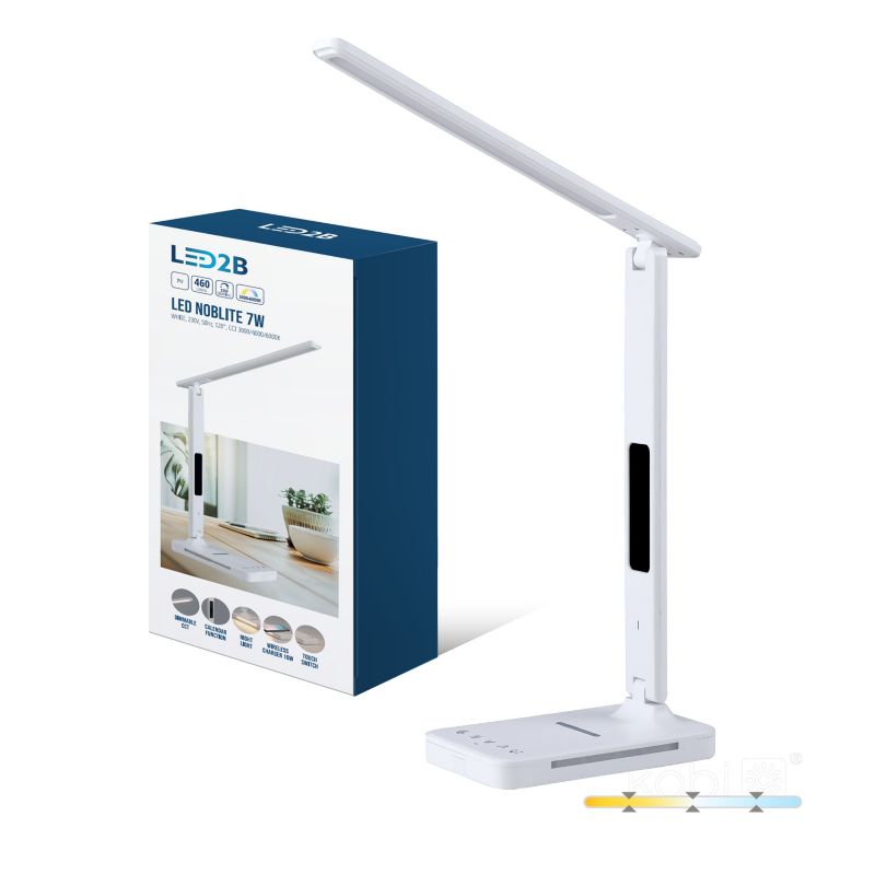 Lampka biurkowa nowoczesna biała ściemnialna wyświetlacz ładowarka CCT LED 7W NOBLITE Kobi 1 szt.