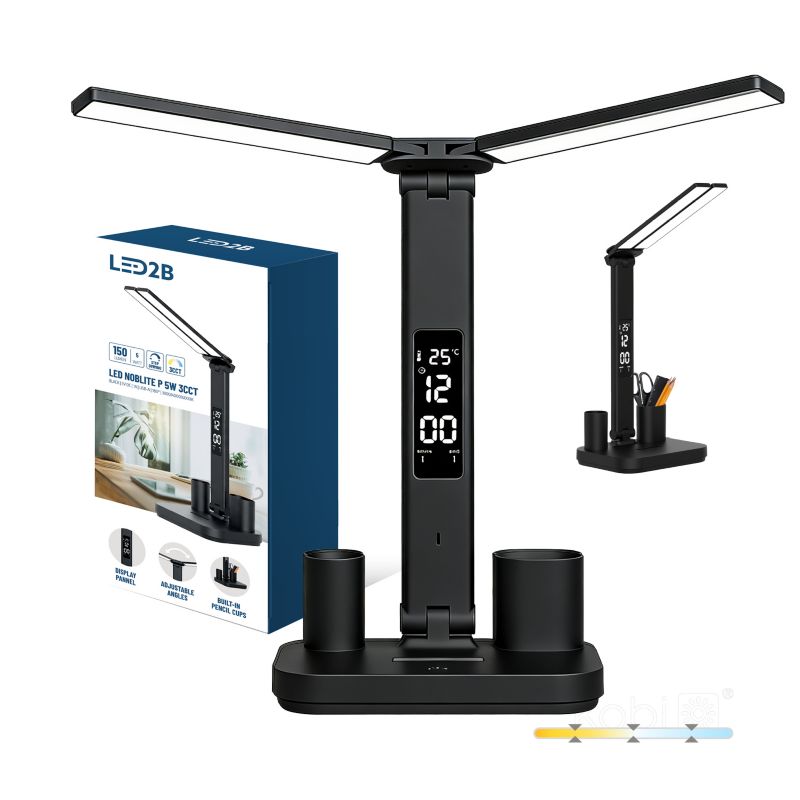 Lampka biurkowa nowoczesna czarna bezprzewodowa podwójna z przybornikiem 3CCT LED 5W NOBLITE P Kobi 1 szt.