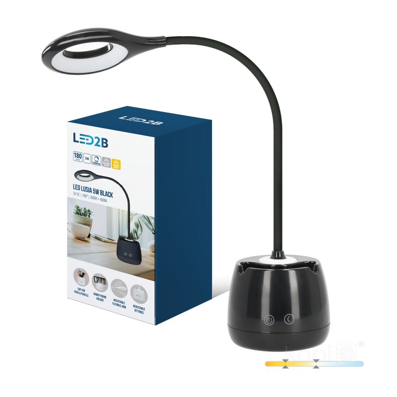 Lampka biurkowa nowoczesna czarna bezprzewodowa z przybornikiem elastyczne ramię LED 5W LUSIA Kobi 1 szt.