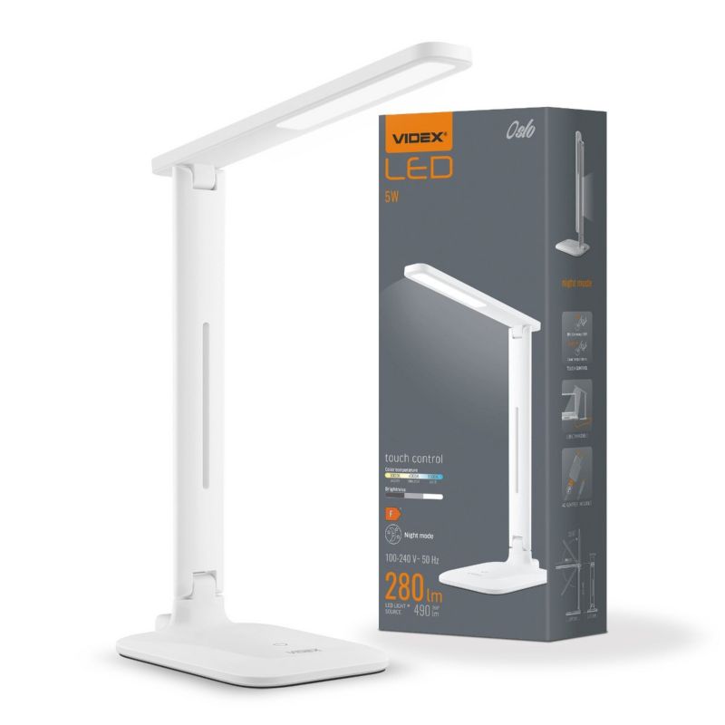 Lampka biurkowa Videx  biała LED 5W 3000K / 4000K / 6500K 490lm  IP20 wym: 33.3 x 12 x 16.7 cm tworzywo sztuczne - 1 szt.