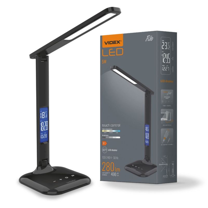 Lampka biurkowa Videx  czarna LED 4.5W 3000K / 4000K / 6500K 490lm  IP20 wym: 32.9 x 15 x 15 cm tworzywo sztuczne - 1 szt.