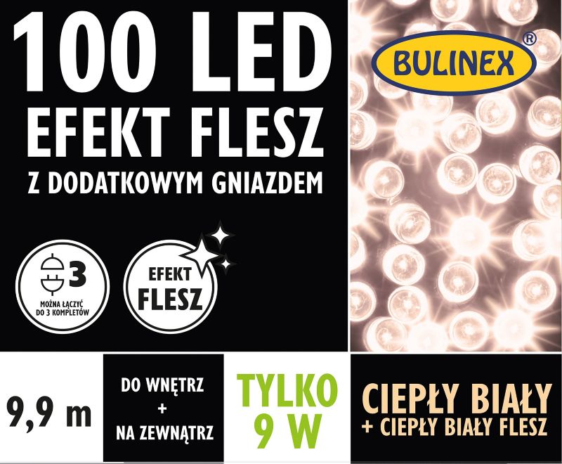 Lampki 100 LED Bulinex 9,9 m flesz z dodatkowym gniazdem barwa ciepła biała