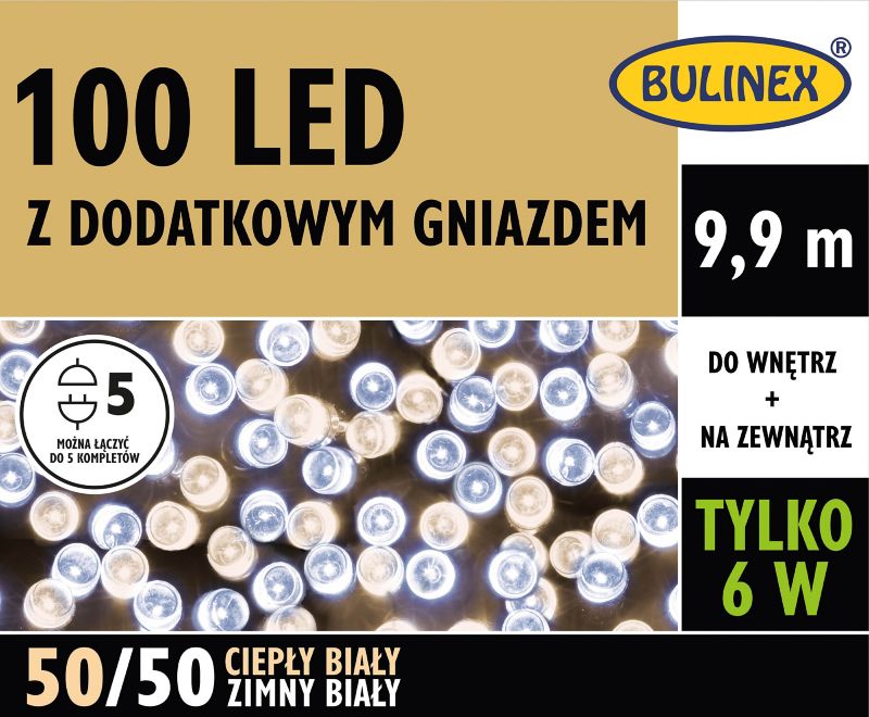Lampki 100 LED Bulinex 9,9 m z dodatkowym gniazdem barwa ciepła/zimna biała mix