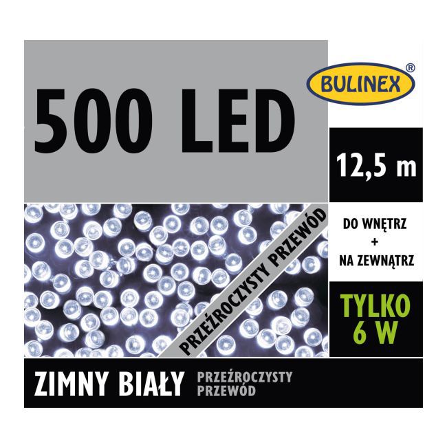 Lampki 500 LED Bulinex 12,5 m zimne białe z przezroczystym przewodem