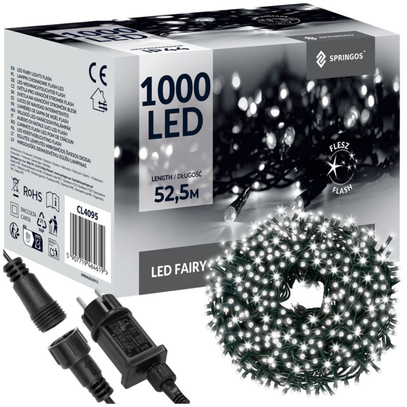 Lampki choinkowe Springos 1000 LED 50 m zimny biały + flash zewnętrzne 1 szt.