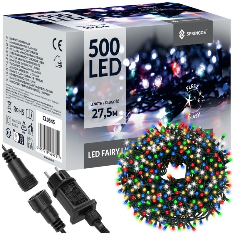 Lampki choinkowe Springos 500 led multikolor + niebieski flash 27,5 m oświetlenie zewnętrzne, wewnętrzne 1 szt.