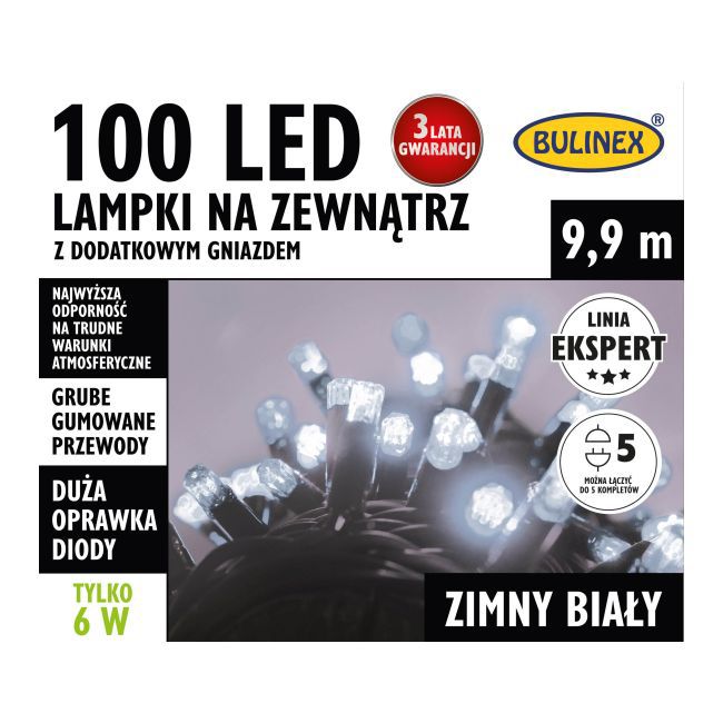 Lampki zewnętrzne 100 LED Bulinex 9,9 m z dodatkowym gniazdem białe