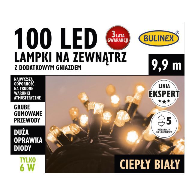 Lampki zewnętrzne 100 LED Bulinex 9,9 m z dodatkowym gniazdem ciepłe białe