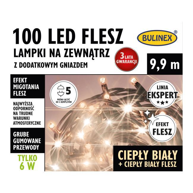 Lampki zewnętrzne 100 LED Bulinex flesz 9,9 m z dodatkowym gniazdem ciepłe białe