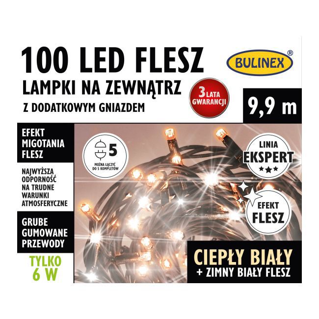 Lampki zewnętrzne 100 LED Bulinex flesz 9,9 m z dodatkowym gniazdem zimne białe / ciepłe białe