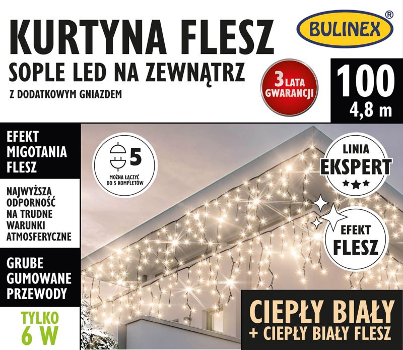 Lampki zewnętrzne LED Bulinex 100L 4,8 m sople z dodatkowym gniazdem barwa ciepła biała