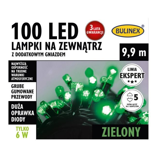 Lampki zewnętrzne LED Bulinex 100L 9,9 m z dodatkowym gniazdem zielone