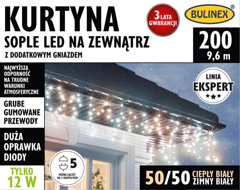 Lampki zewnętrzne LED Bulinex 200L 9,6 m sople z dodatkowym gniazdem barwa ciepła/zimna biała