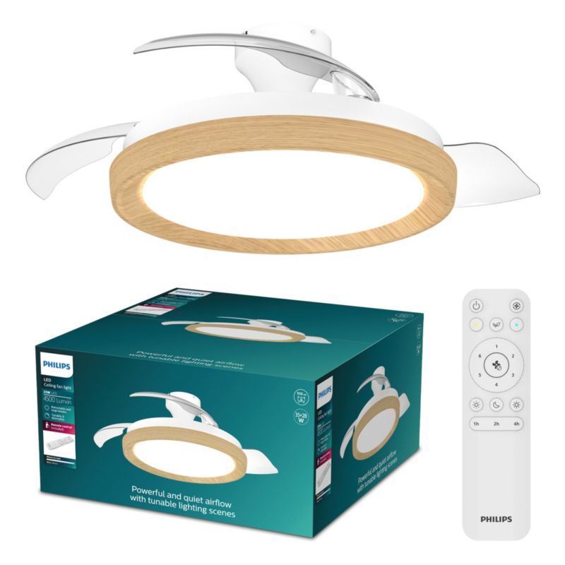 Lampowentylator Philips Bliss DC 28W 106cm Wentylator Sufitowy Lampa Sufitowa 35W 4500lm CCT Biały Drewno z Pilotem 1 szt.