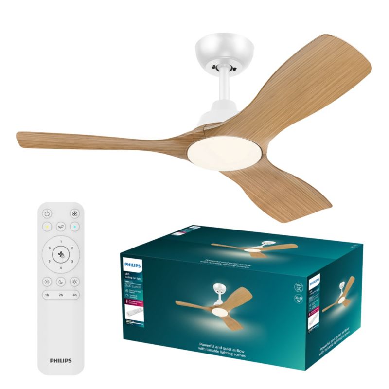 Lampowentylator Philips Olas 30W 106cm Wentylator Sufitowy Lampa Sufitowa 24W 2650lm CCT Biały Drewno z Pilotem 1 szt.