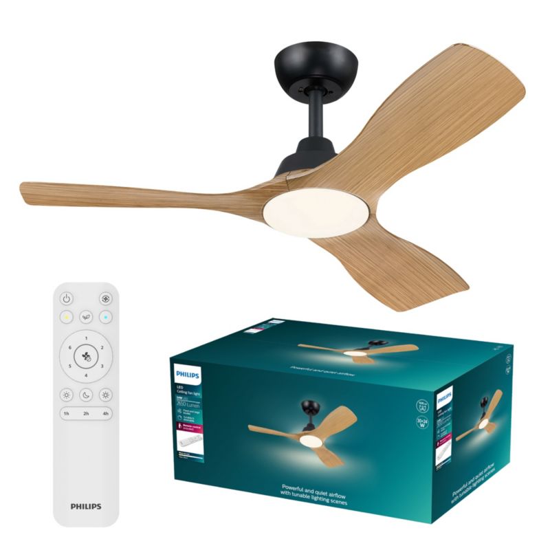 Lampowentylator Philips Olas 30W 106cm Wentylator Sufitowy Lampa Sufitowa 24W 2650lm CCT Czarny Drewno z Pilotem 1 szt.