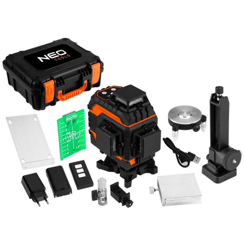Laser 3D NEO TOOLS 12 linii, zielony, walizka, tarcza celownicza, magnetyczny uchwyt, ładowarka 1 kpl