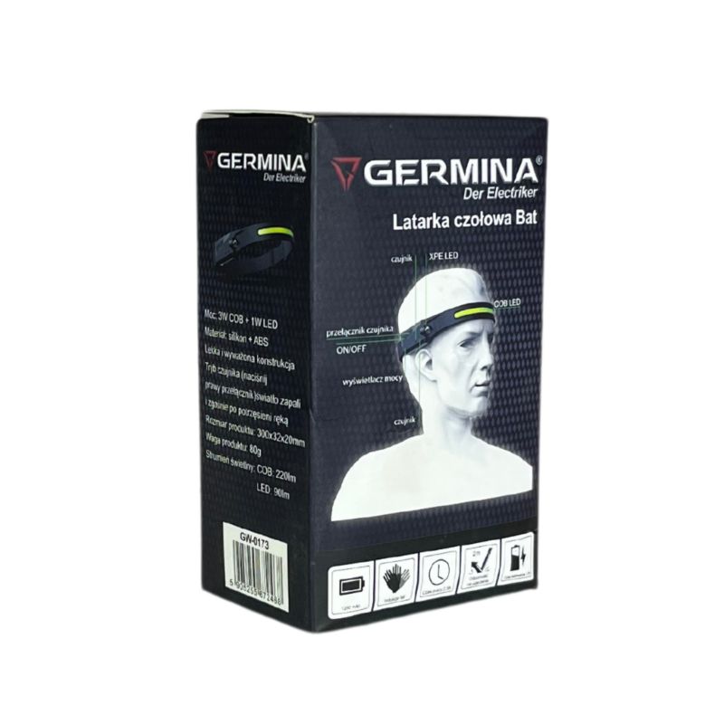 Latarka czołowa LED Germina gumowa do biegania + czujnik ruchu (1szt.)
