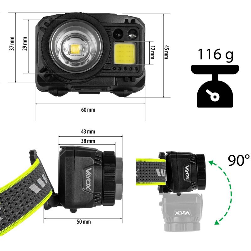 Latarka czołowa Vayox VA0098 akumulatorowa czujnik ruchu ZOOM 500lm 1 szt.