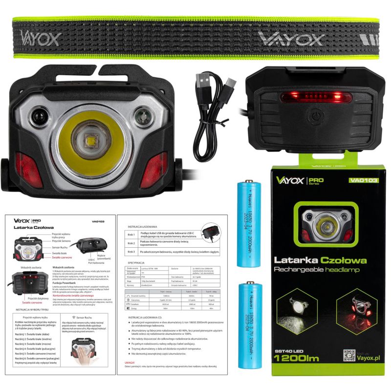 Latarka czołowa Vayox VA0103 akumulatorowa czujnik ruchu 1200lm 1 szt.
