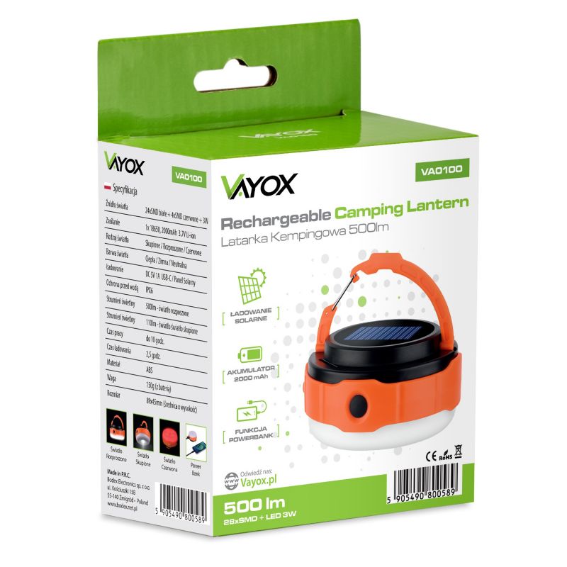 Latarka kempingowa Vayox VA0100 akumulatorowa solar powerbank 500lm 1 szt.