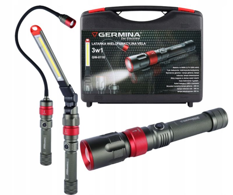 Latarka LED 3w1 Germina wielofunkcyjna bateryjna z wymienną głowicą + walizka 1kpl.