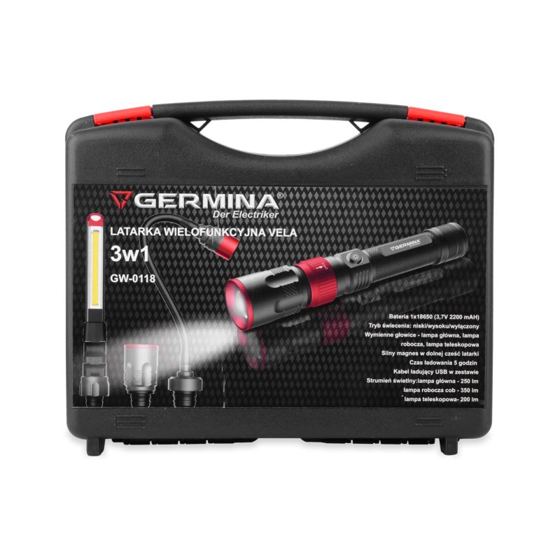 Latarka LED 3w1 Germina wielofunkcyjna bateryjna z wymienną głowicą + walizka 1kpl.