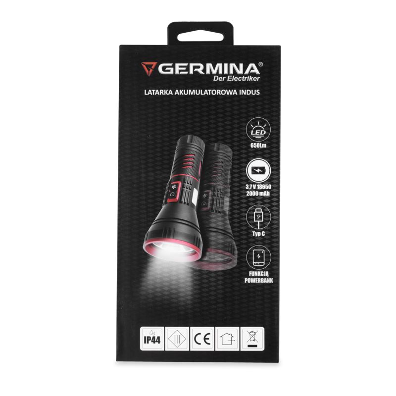 Latarka LED akumulatorowa Germina 2000mAh, 4 tryby świecenia, 650lm 1szt.
