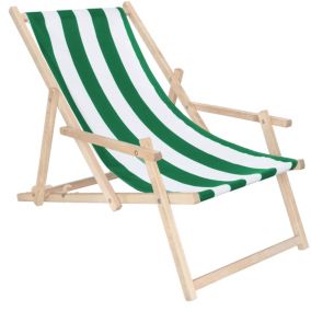 Leżak drewniany Springos z podłokietnikami ogrodowy, plażowy zielono-białe pasy 1 szt.