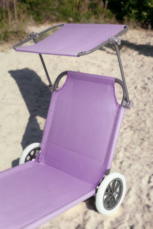 Leżak z daszkiem na kółkach wózek plażowy na plażę fioletowy
