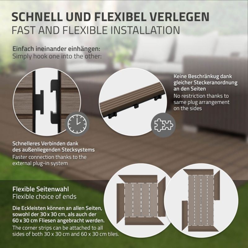 Listwa ECD Germany narożnik lewy WPC 38x2x75 cm to jasnobrązowe wykończenie płyty tarasowej o wyglądzie drewna system klik 1 szt