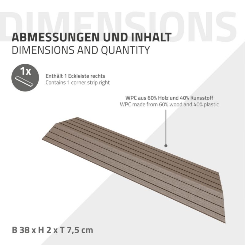 Listwa ECD Germany narożnik lewy WPC 38x2x75 cm to jasnobrązowe wykończenie płyty tarasowej o wyglądzie drewna system klik 1 szt
