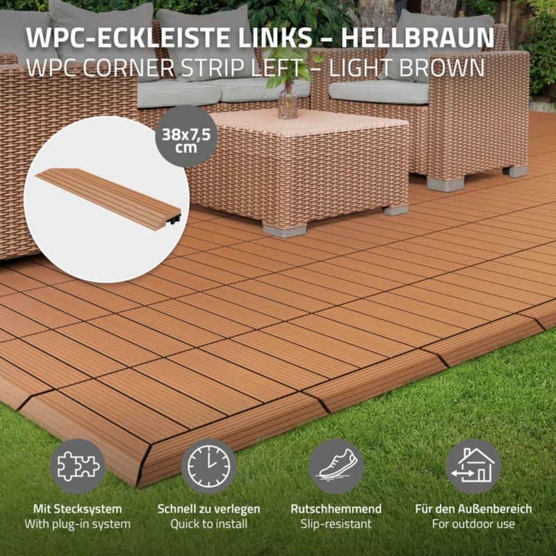 Listwa ECD Germany WPC 38x2x75 cm to jasnobrązowy narożnik lewy na taras o wyglądzie drewna posiadający drenaż i system klik 1 szt